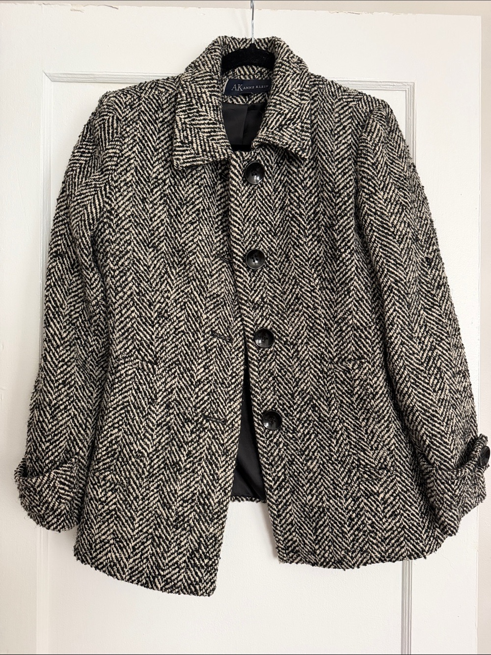Anne Klein Black & White Herringbone Pea Coat